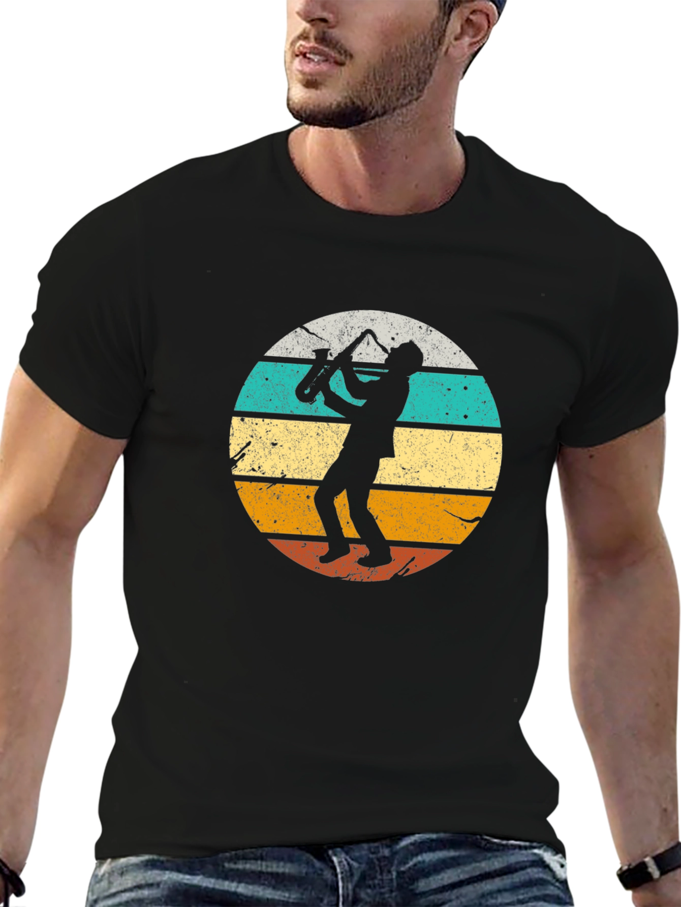 Retro Saxophone Player Black T-Shirt