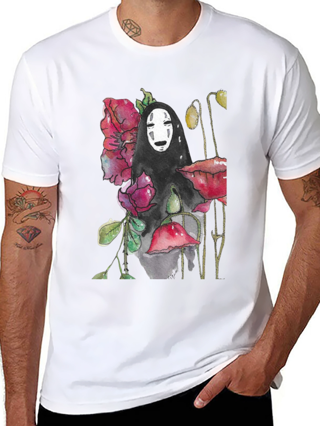 No Face Spirit Floral Graphic T-Shirt