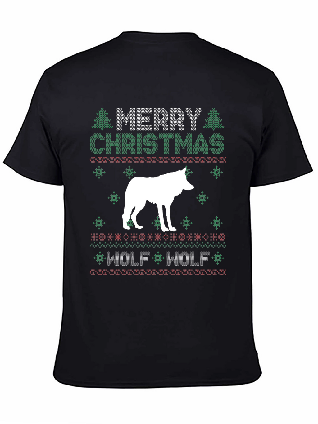 Merry Christmas Wolf Ugly Sweater Style Graphic T-Shirt