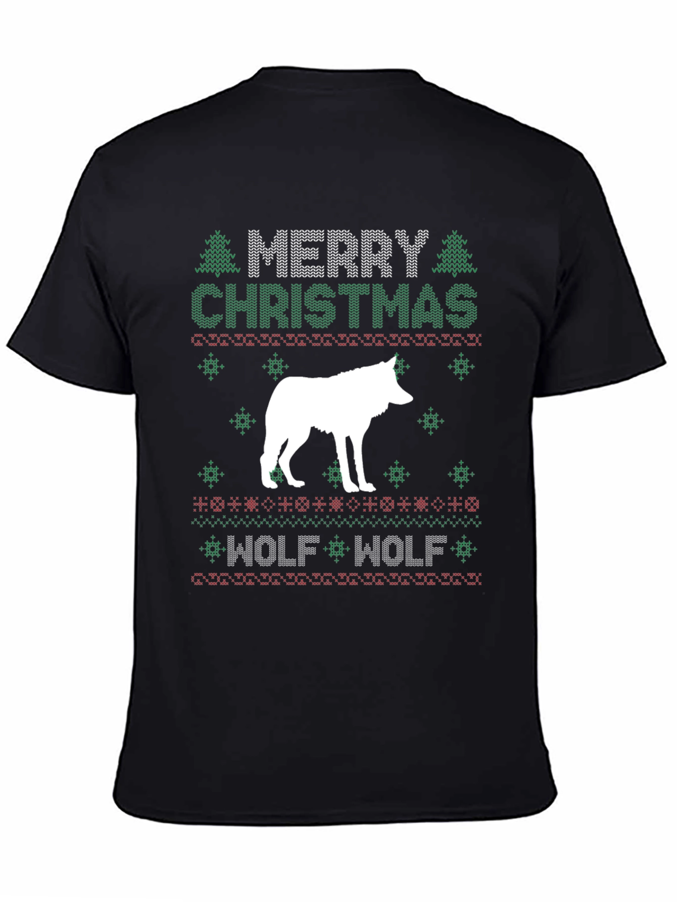Merry Christmas Wolf Ugly Sweater Style Graphic T-Shirt