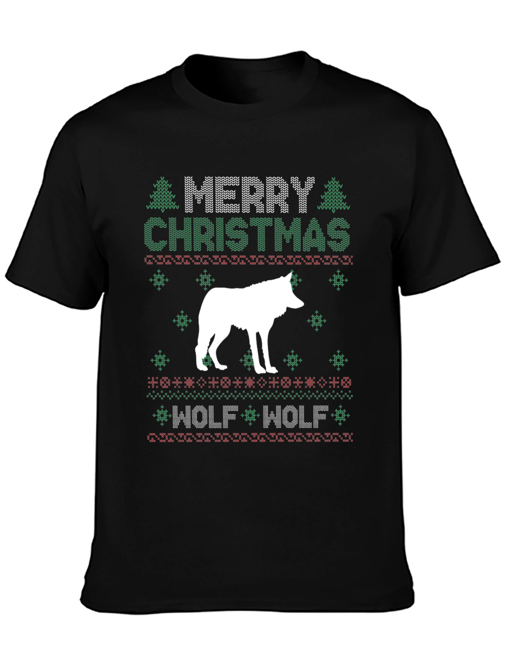Merry Christmas Wolf Ugly Sweater Style Graphic T-Shirt