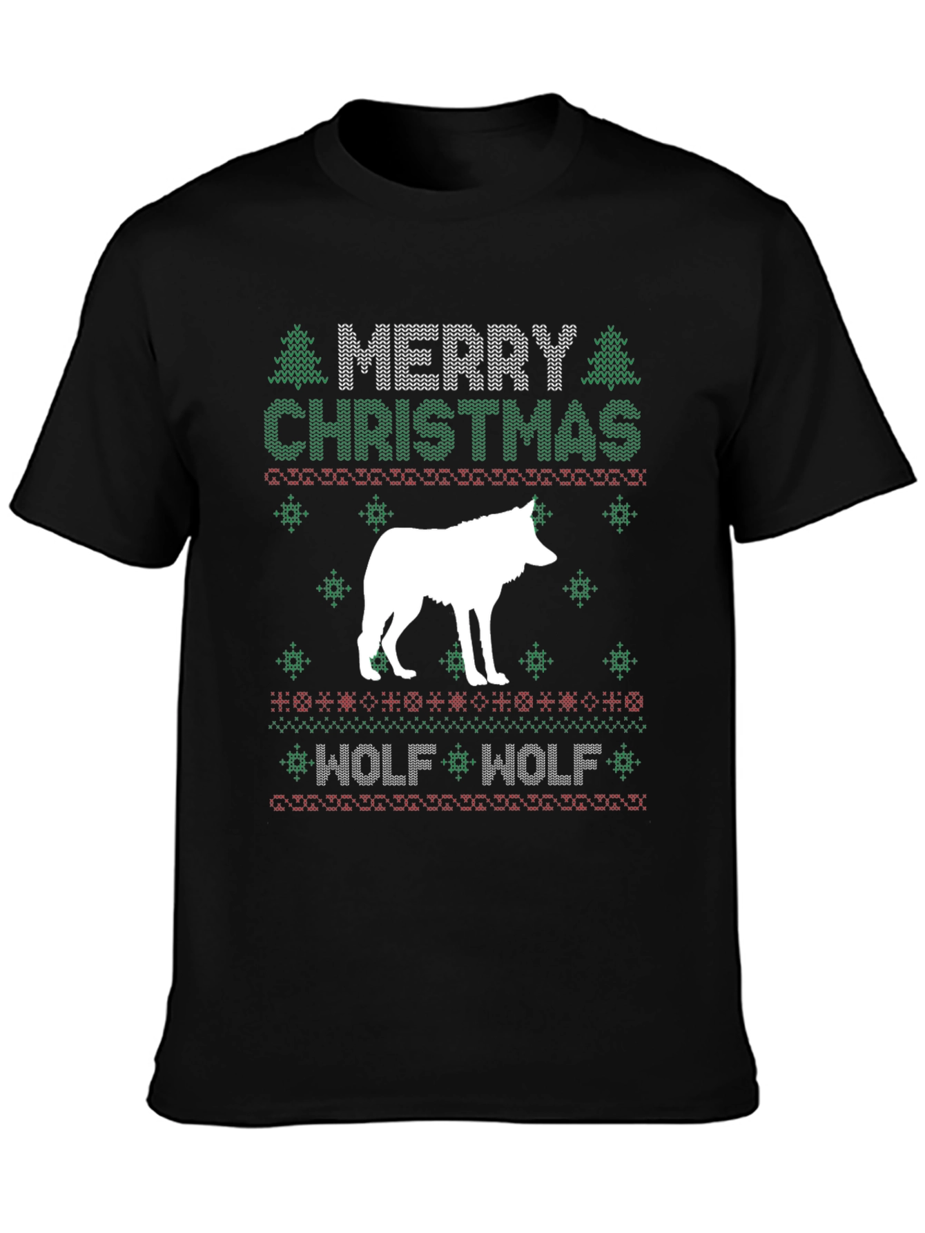 Merry Christmas Wolf Ugly Sweater Style Graphic T-Shirt