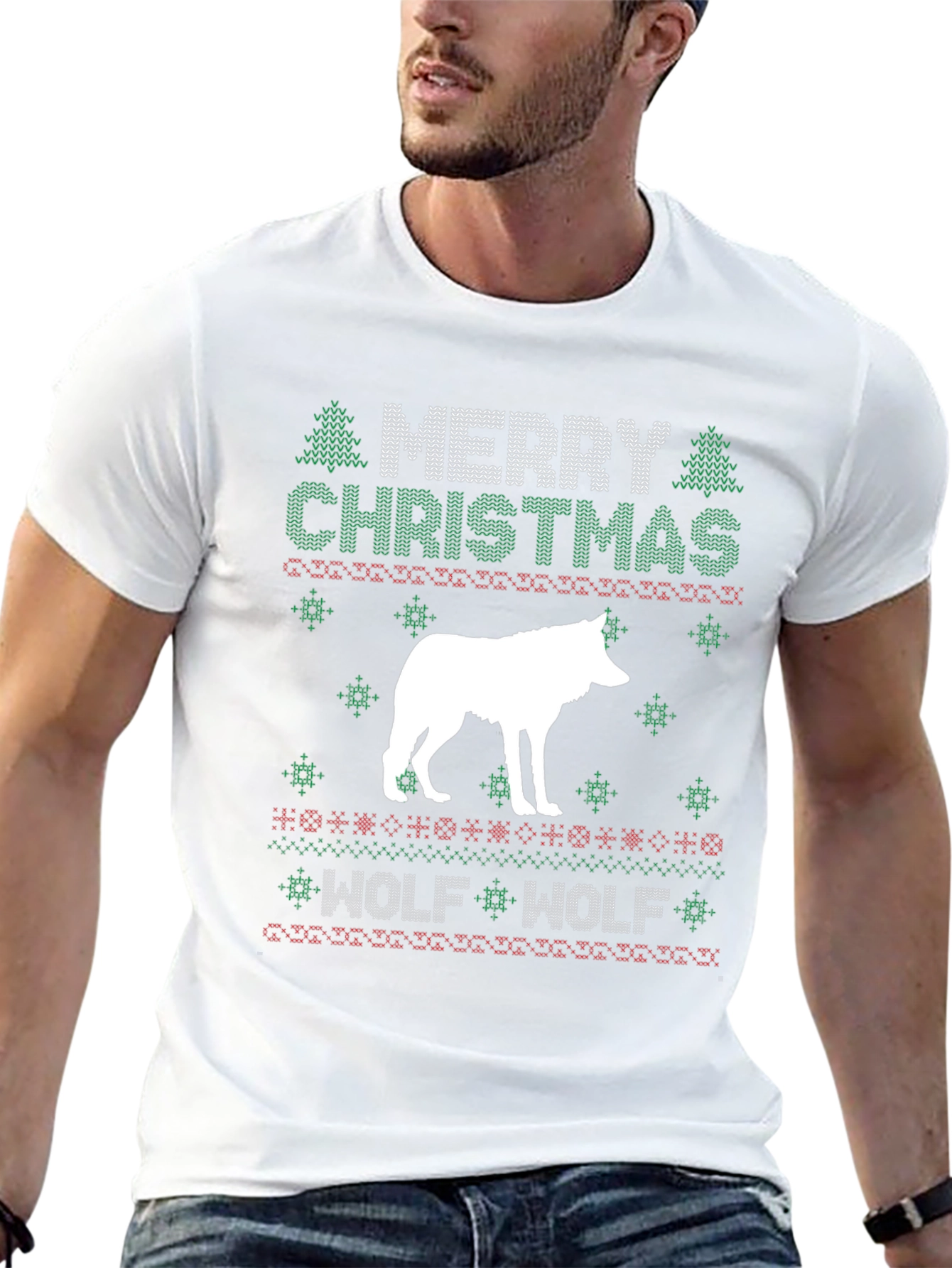 Merry Christmas Wolf Ugly Sweater Style Graphic T-Shirt