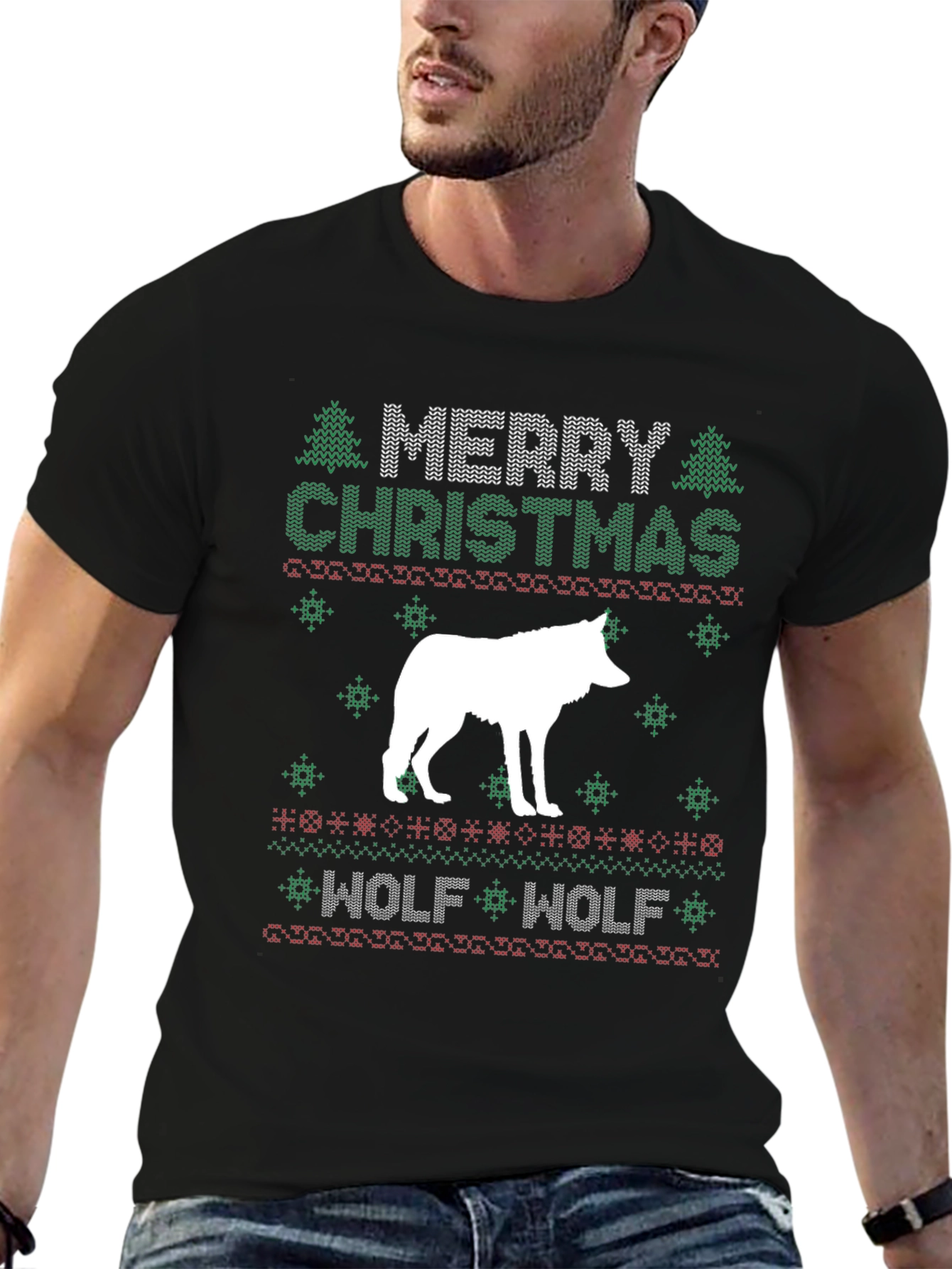 Merry Christmas Wolf Ugly Sweater Style Graphic T-Shirt