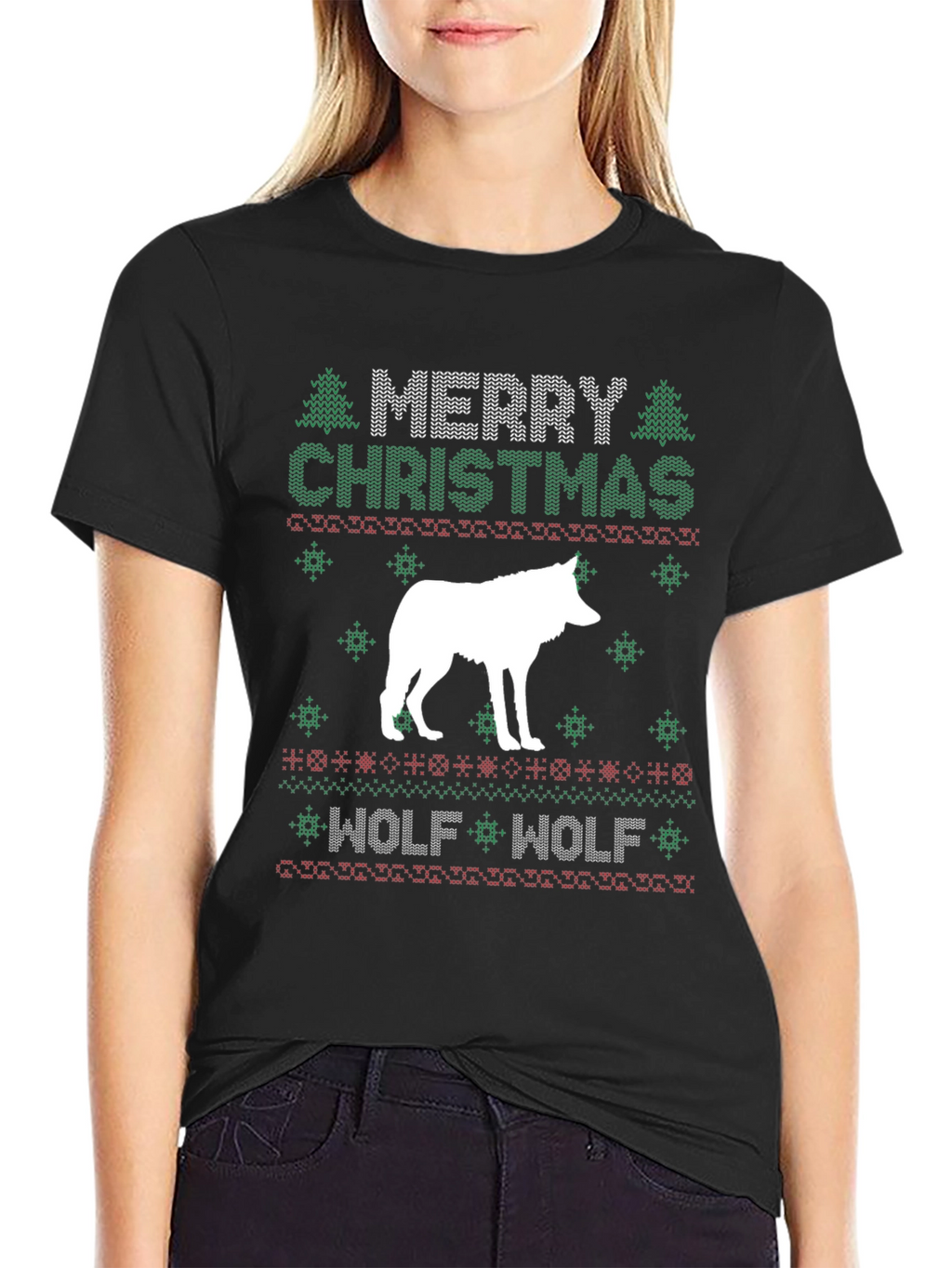 Merry Christmas Wolf Ugly Sweater Style Graphic T-Shirt