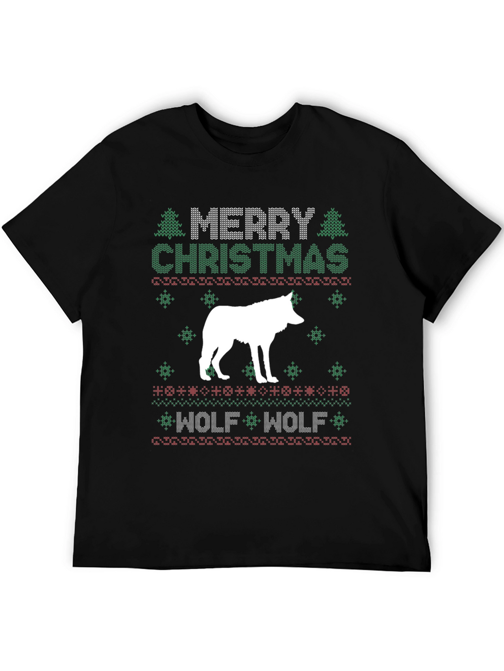 Merry Christmas Wolf Ugly Sweater Style Graphic T-Shirt