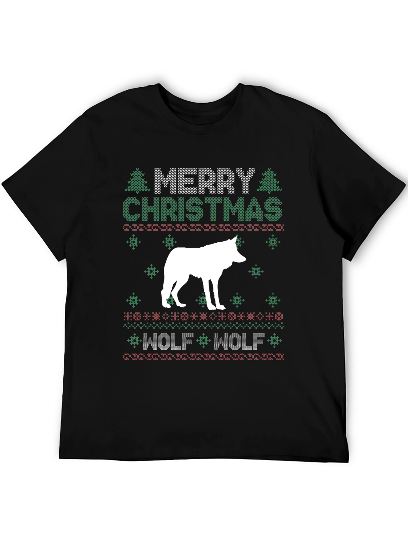 Merry Christmas Wolf Ugly Sweater Style Graphic T-Shirt