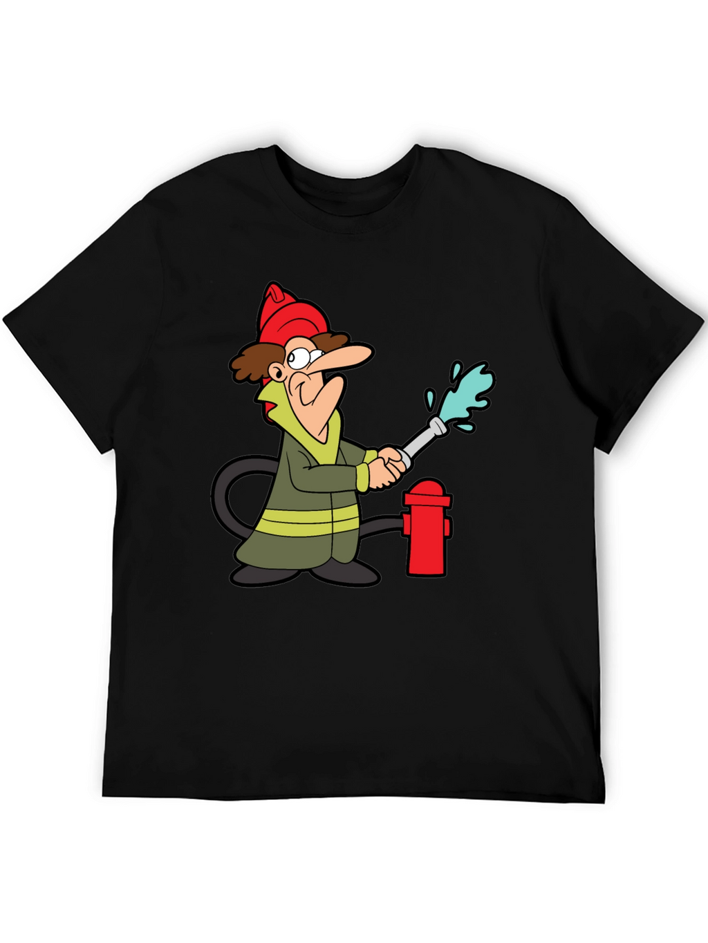 Cartoon Fireman T-Shirt - Black Cotton Tee