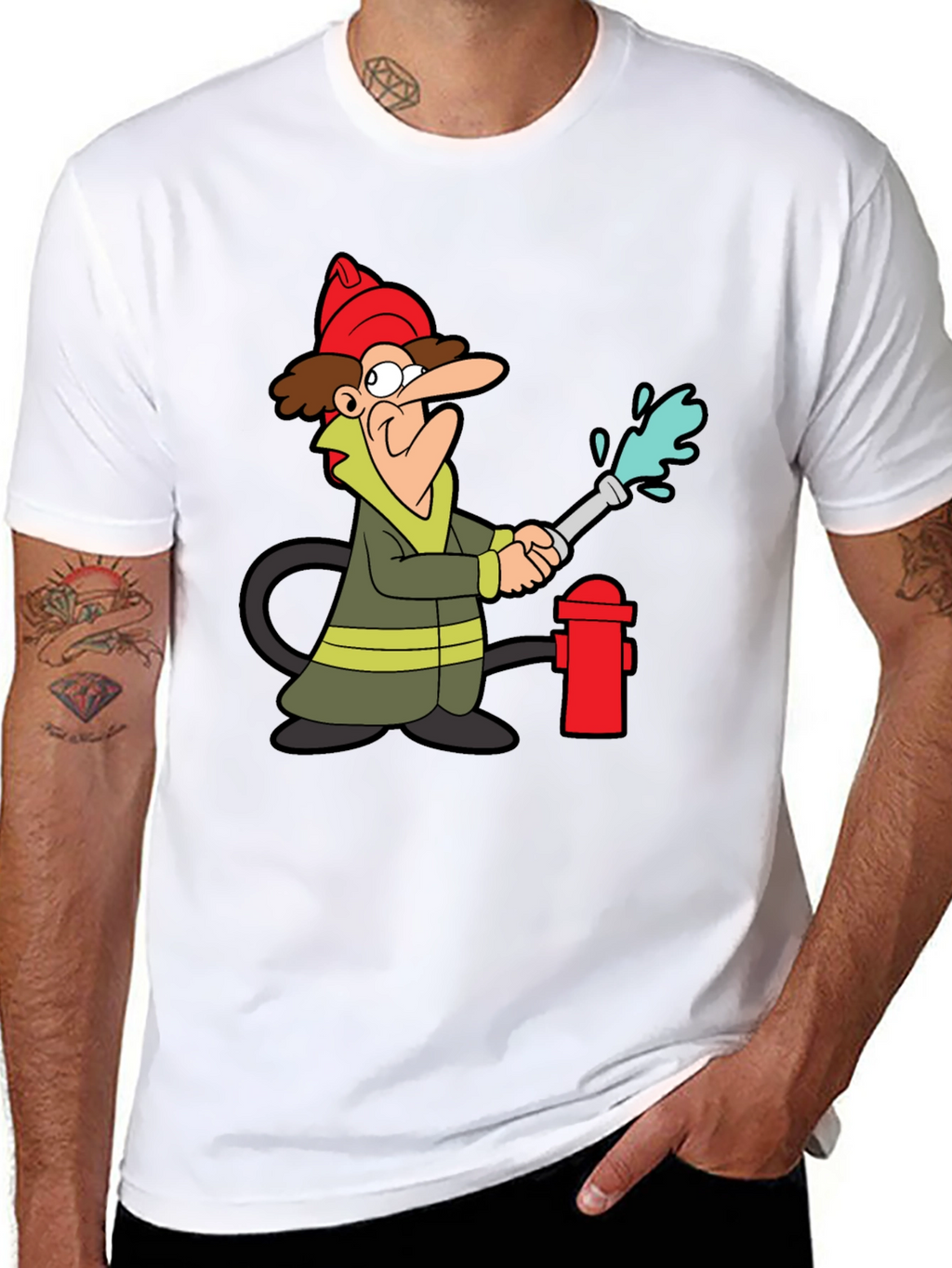 Cartoon Fireman T-Shirt - Black Cotton Tee