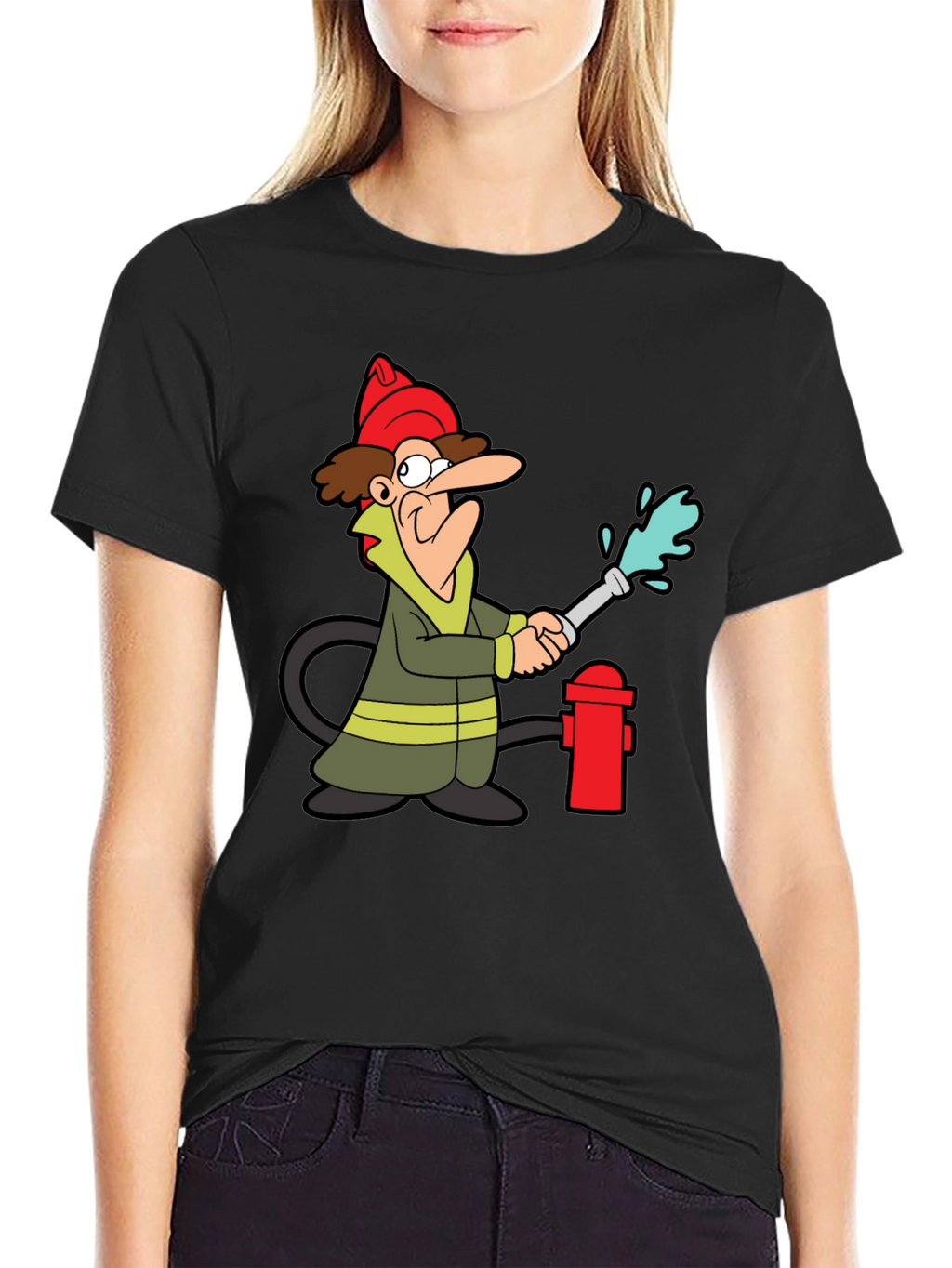 Cartoon Fireman T-Shirt - Black Cotton Tee