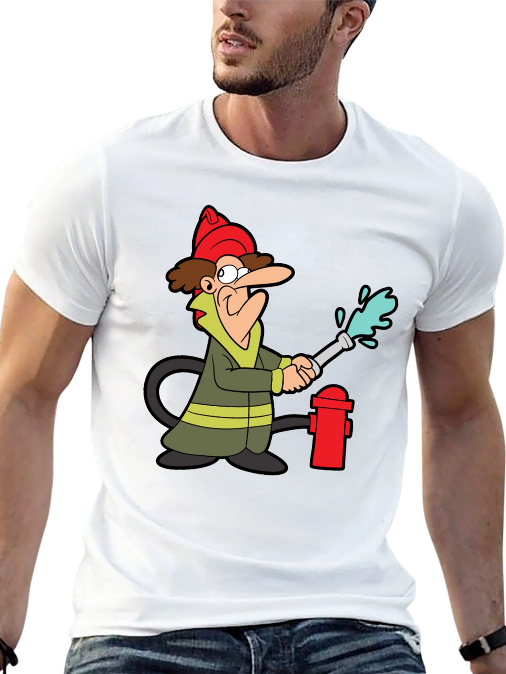 Cartoon Fireman T-Shirt - Black Cotton Tee