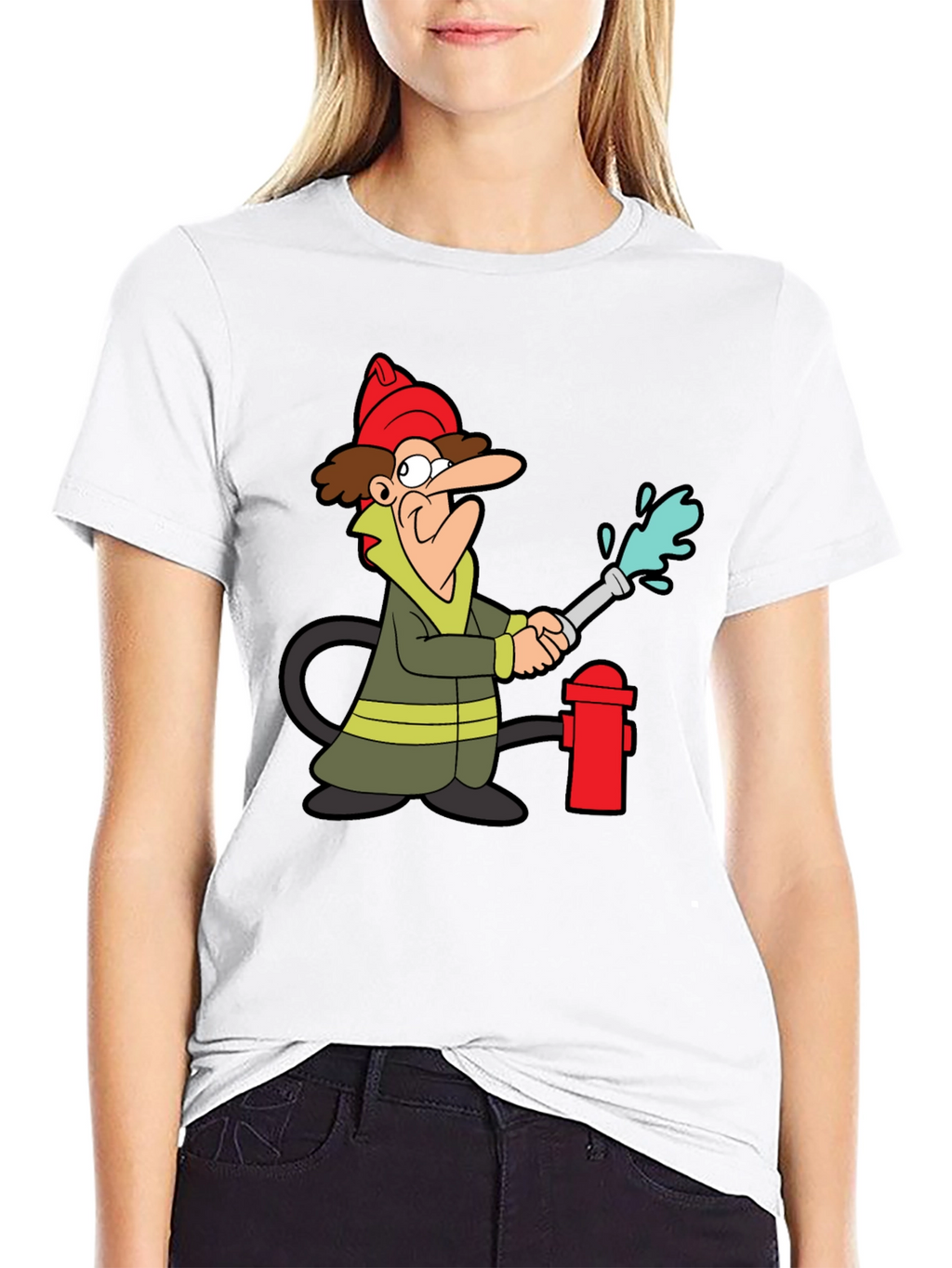 Cartoon Fireman T-Shirt - Black Cotton Tee