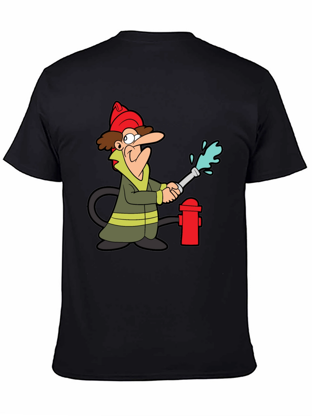 Cartoon Fireman T-Shirt - Black Cotton Tee