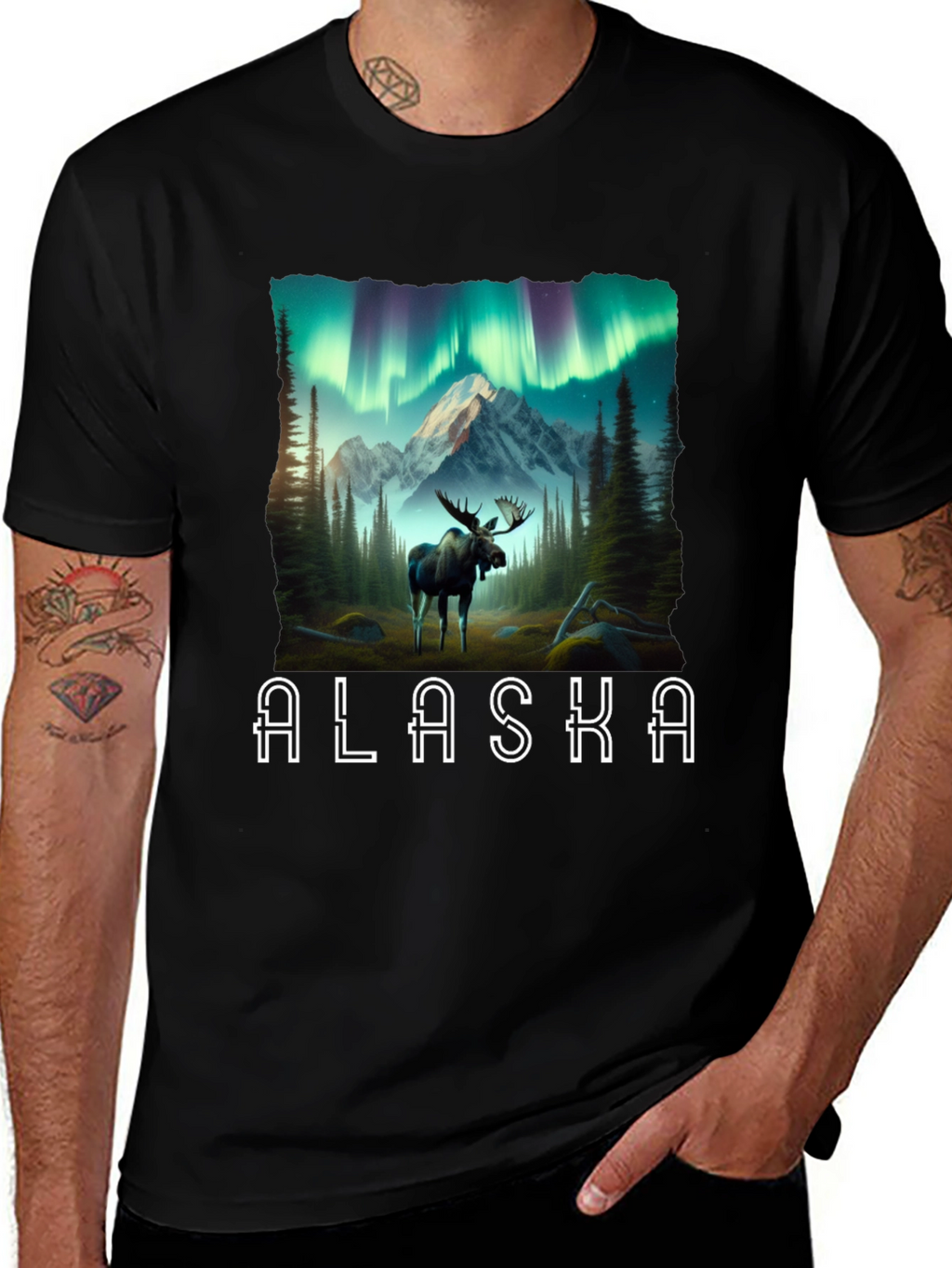 Alaska Moose T-Shirt Northern Lights Graphic Tee