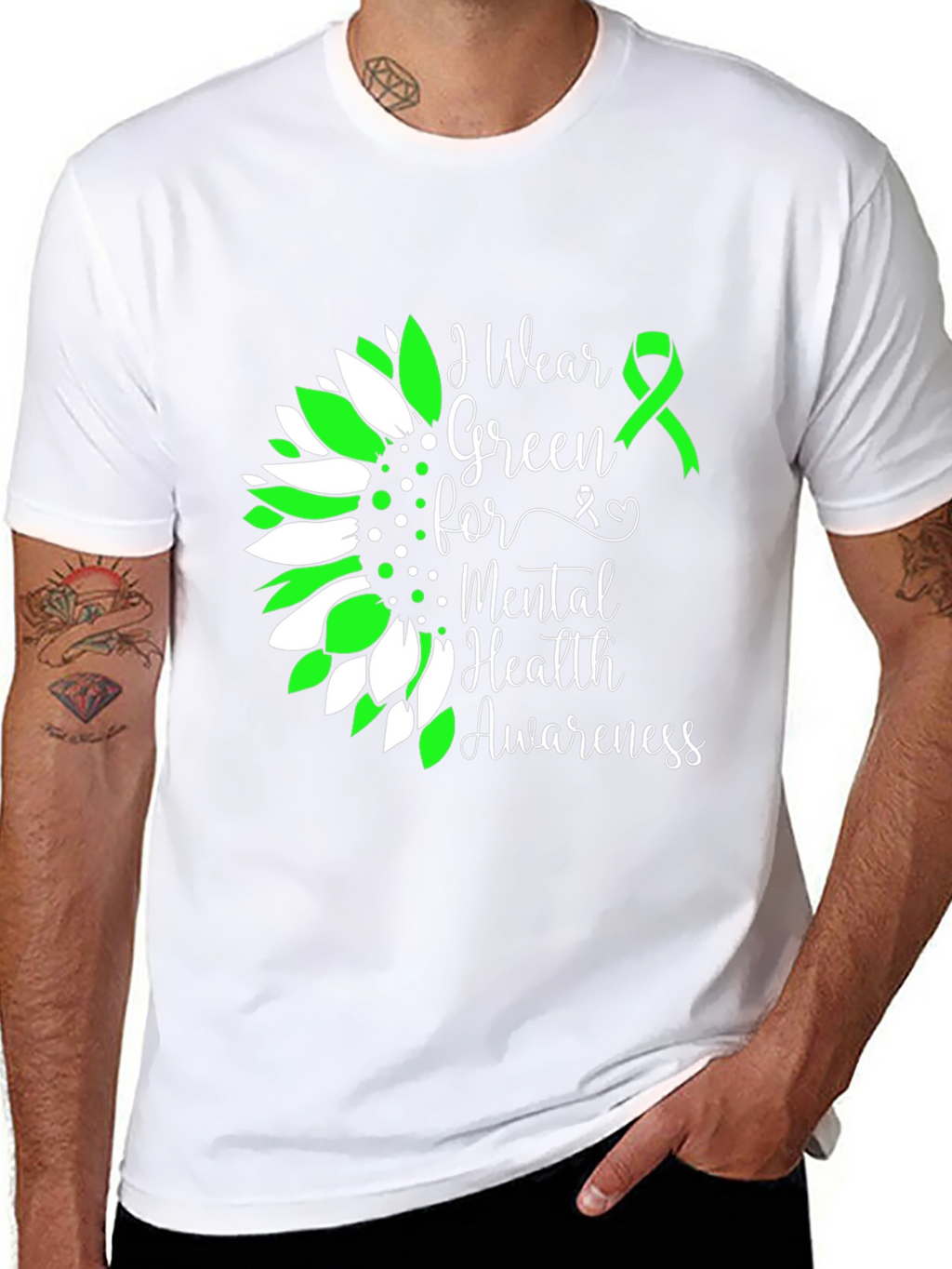 Mental Health Awareness T-Shirt Green Ribbon Sunflower