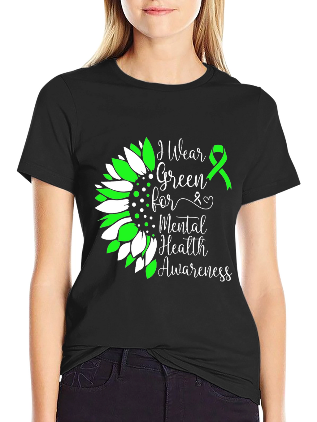 Mental Health Awareness T-Shirt Green Ribbon Sunflower