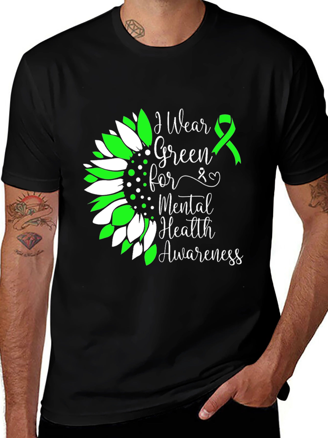 Mental Health Awareness T-Shirt Green Ribbon Sunflower