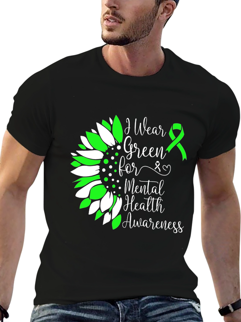 Mental Health Awareness T-Shirt Green Ribbon Sunflower