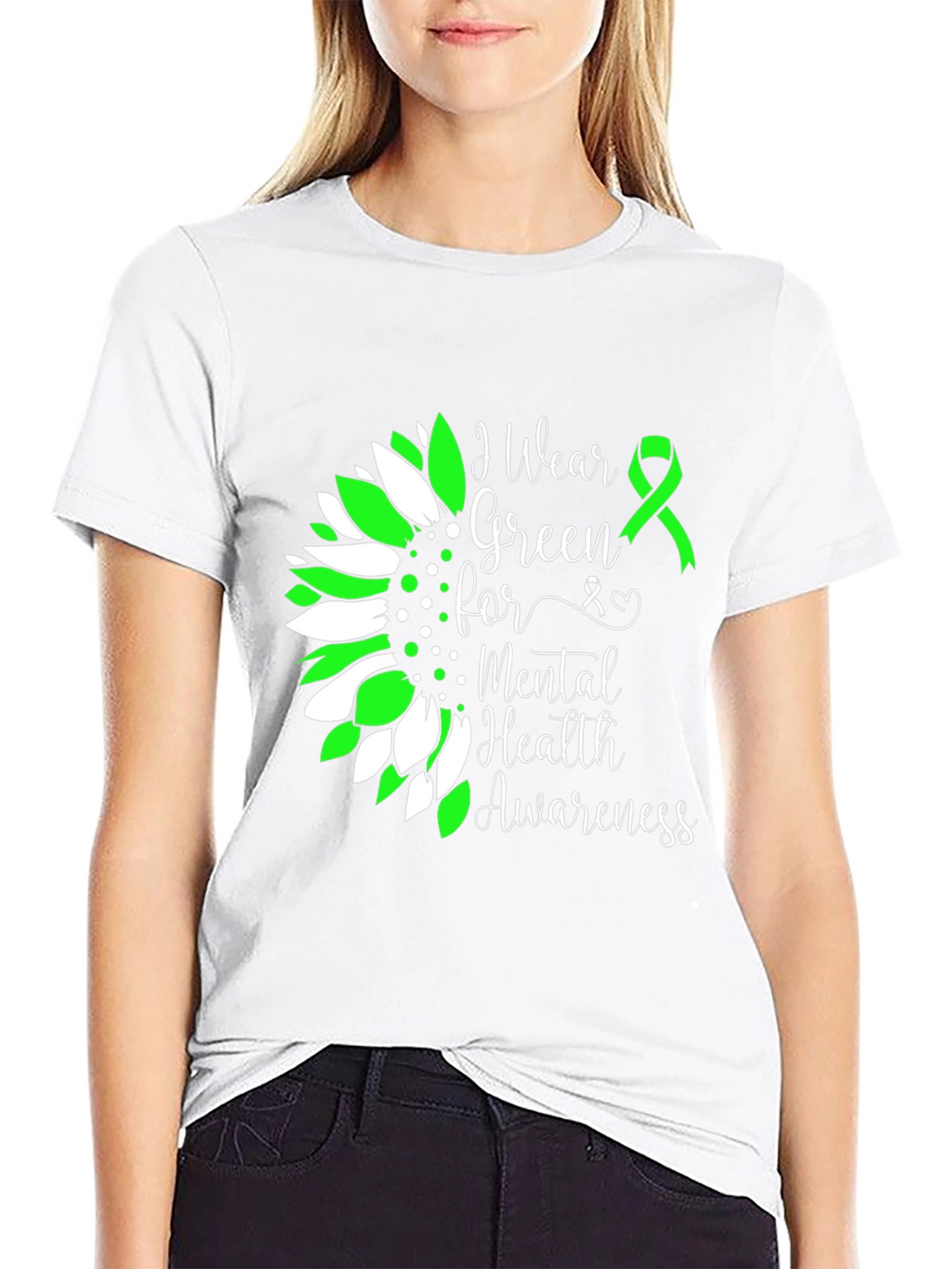 Mental Health Awareness T-Shirt Green Ribbon Sunflower