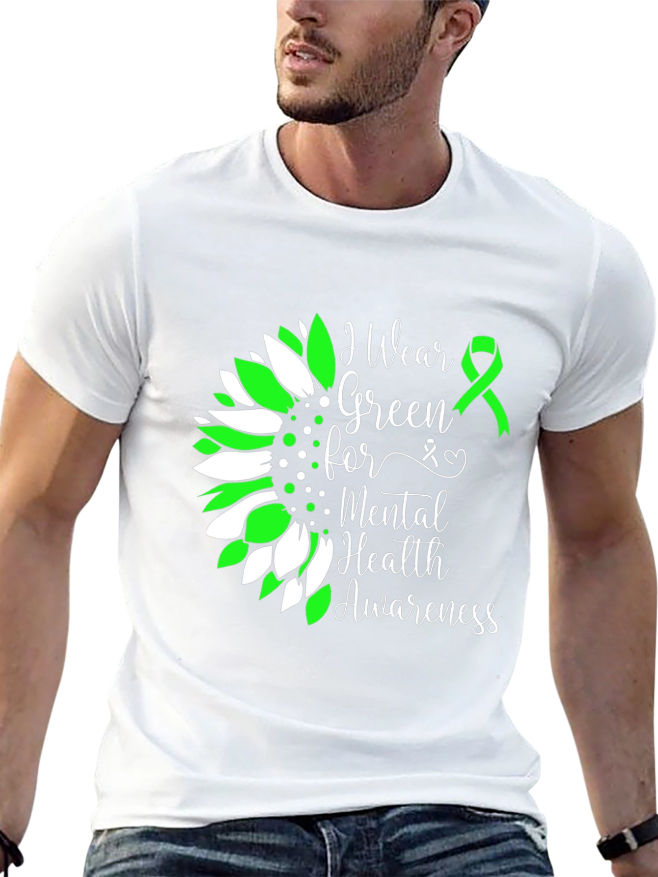 Mental Health Awareness T-Shirt Green Ribbon Sunflower