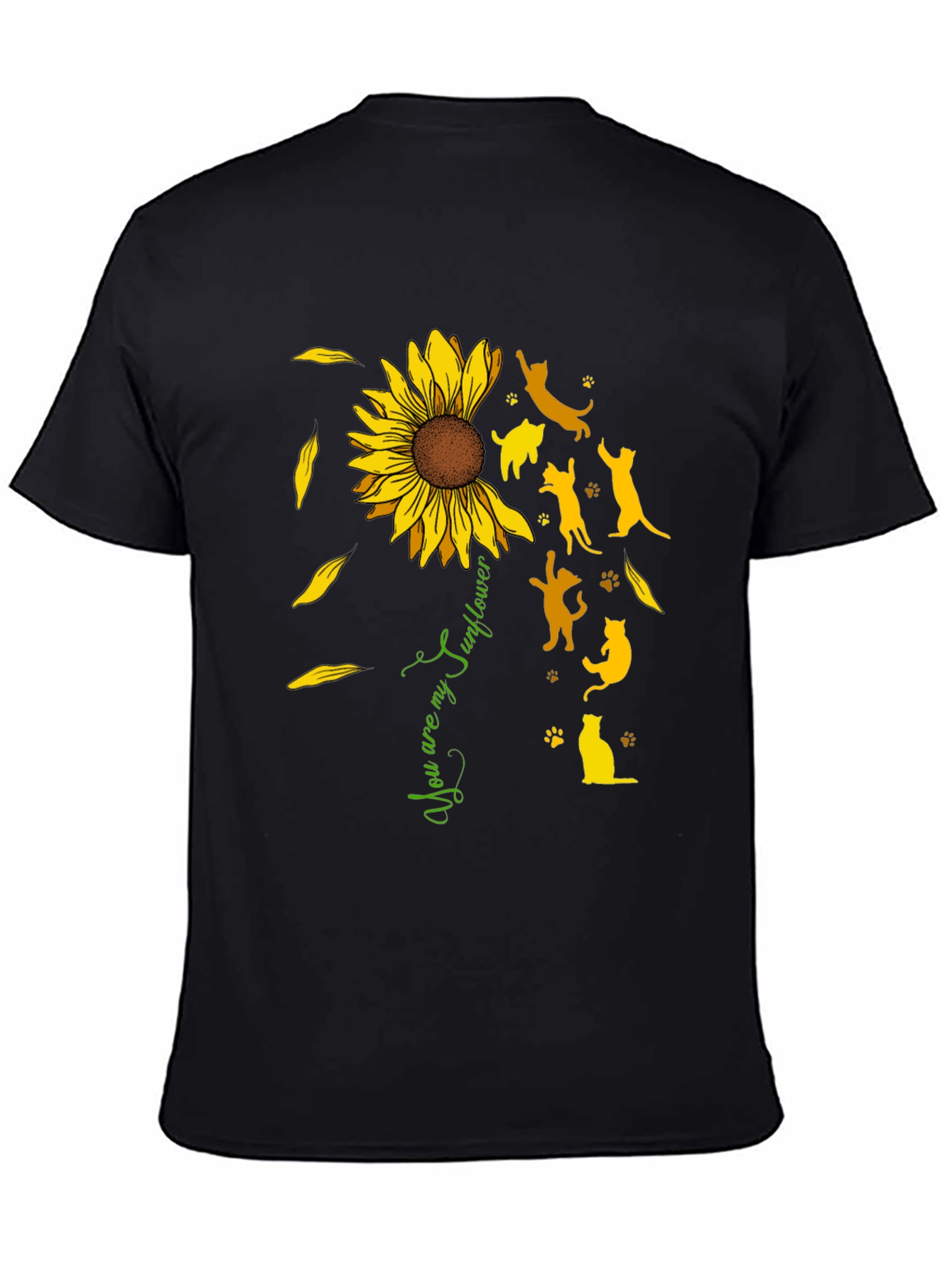 Sunflower Cat Silhouette Black T-Shirt