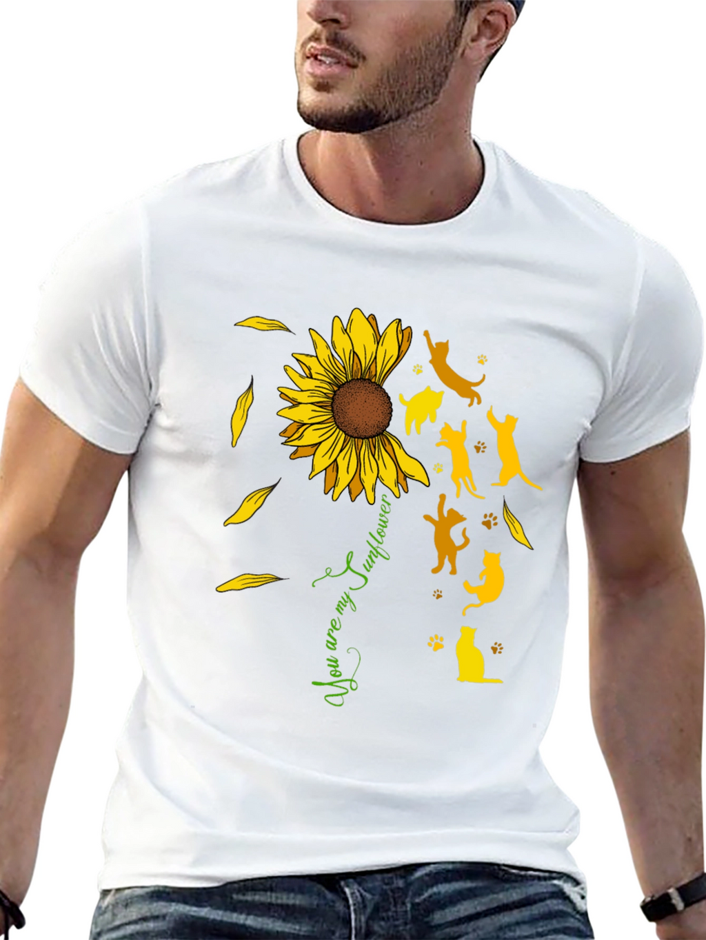 Sunflower Cat Silhouette Black T-Shirt