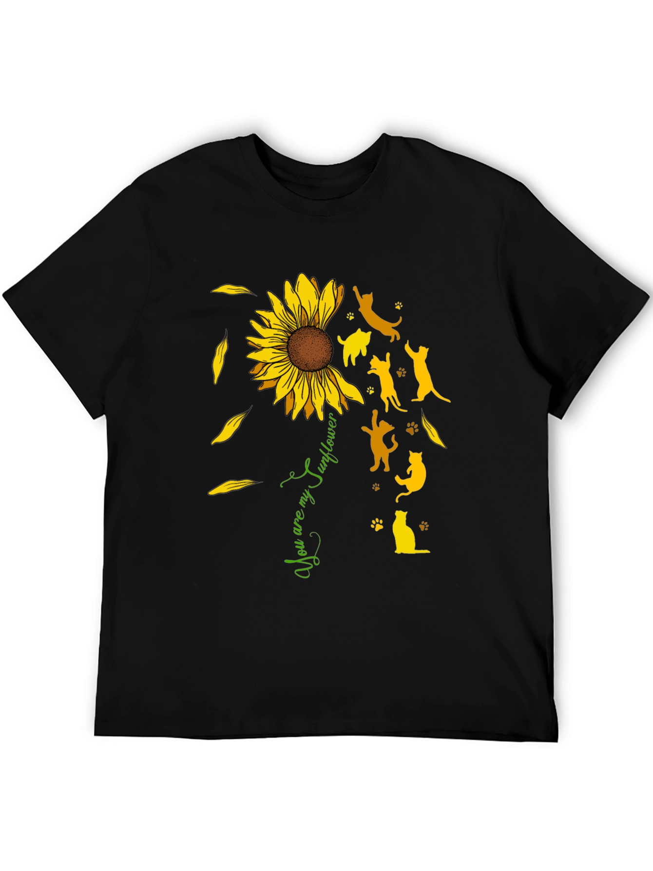 Sunflower Cat Silhouette Black T-Shirt