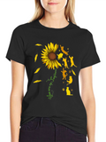 Sunflower Cat Silhouette Black T-Shirt