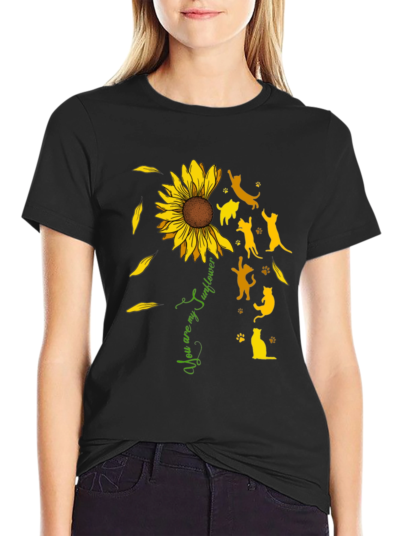 Sunflower Cat Silhouette Black T-Shirt