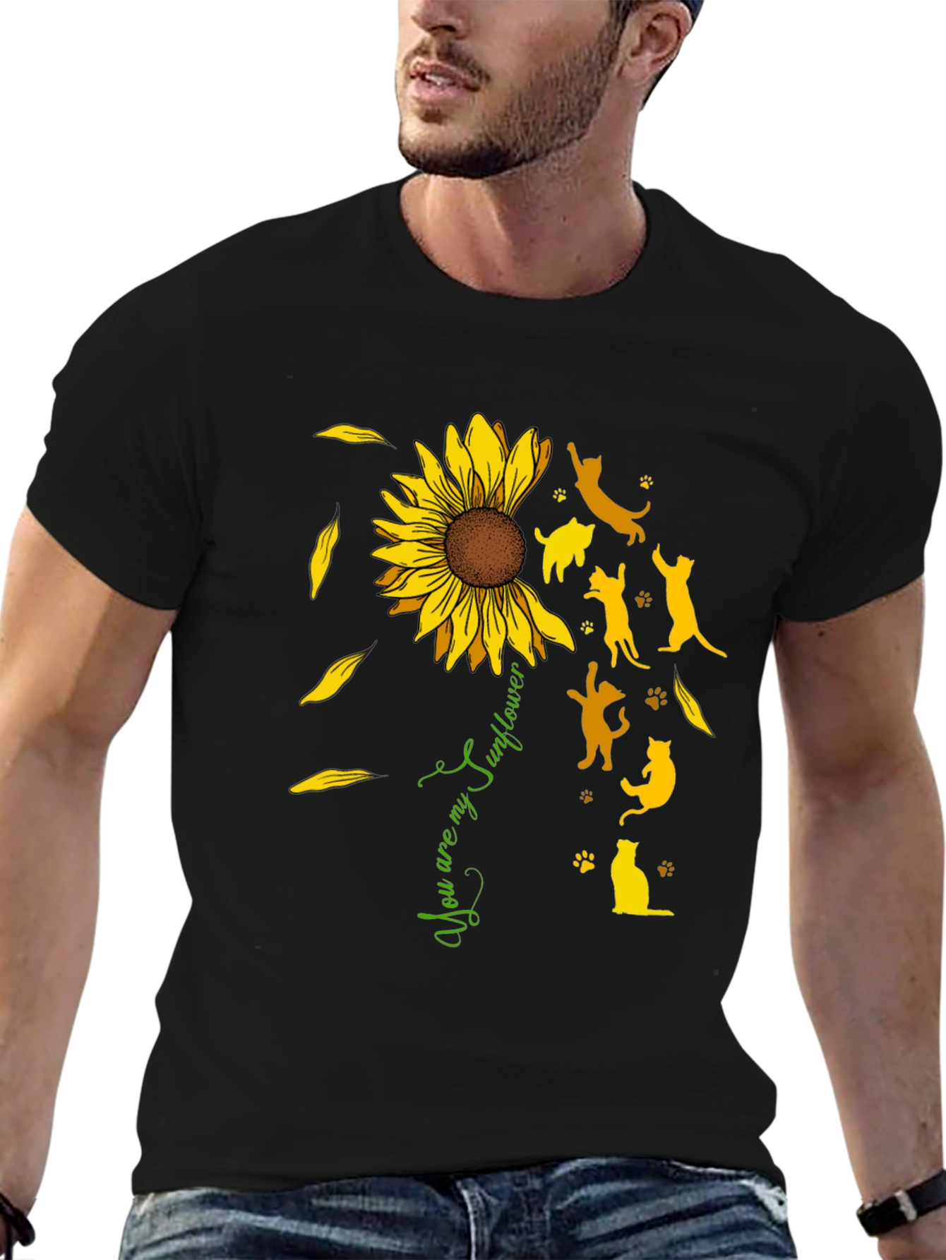 Sunflower Cat Silhouette Black T-Shirt