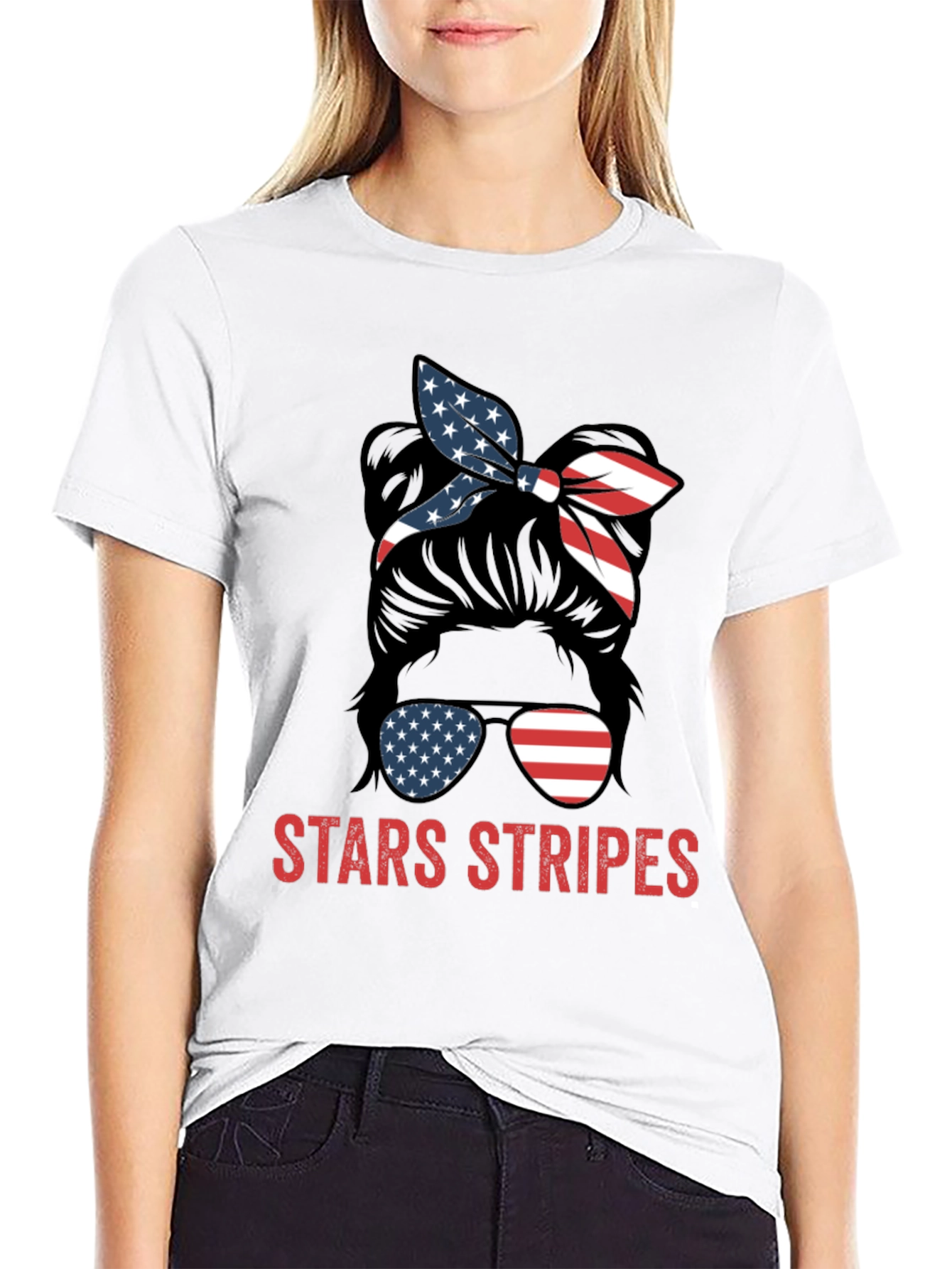 Stars & Stripes Messy Bun Patriotic T-Shirt