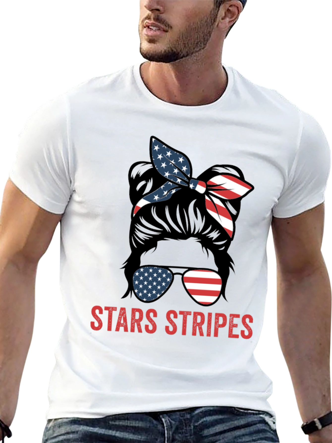 Stars & Stripes Messy Bun Patriotic T-Shirt