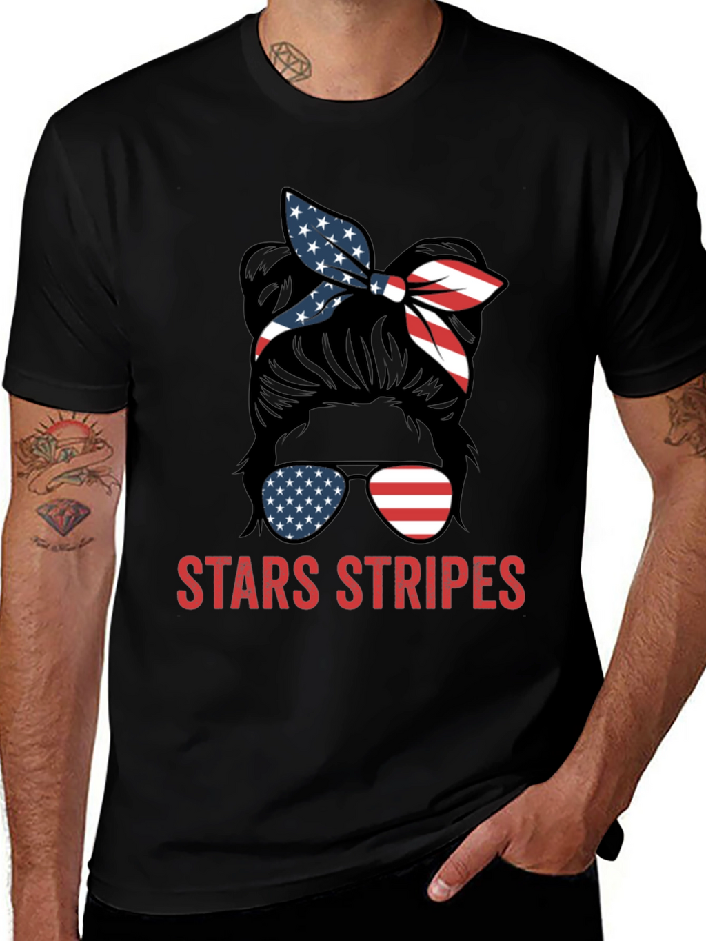 Stars & Stripes Messy Bun Patriotic T-Shirt