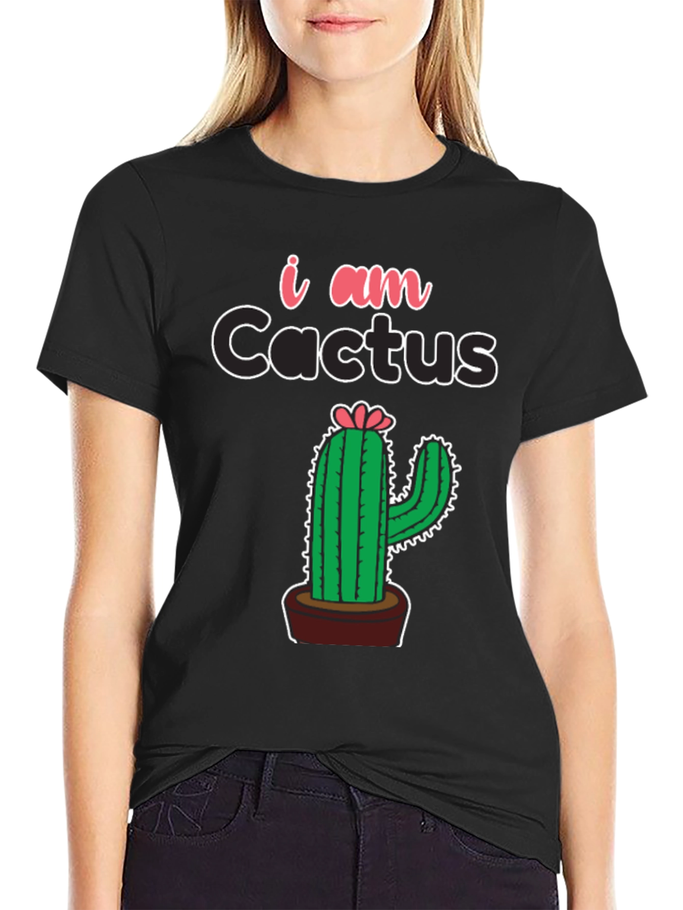 I am Cactus Graphic Print Black T-Shirt