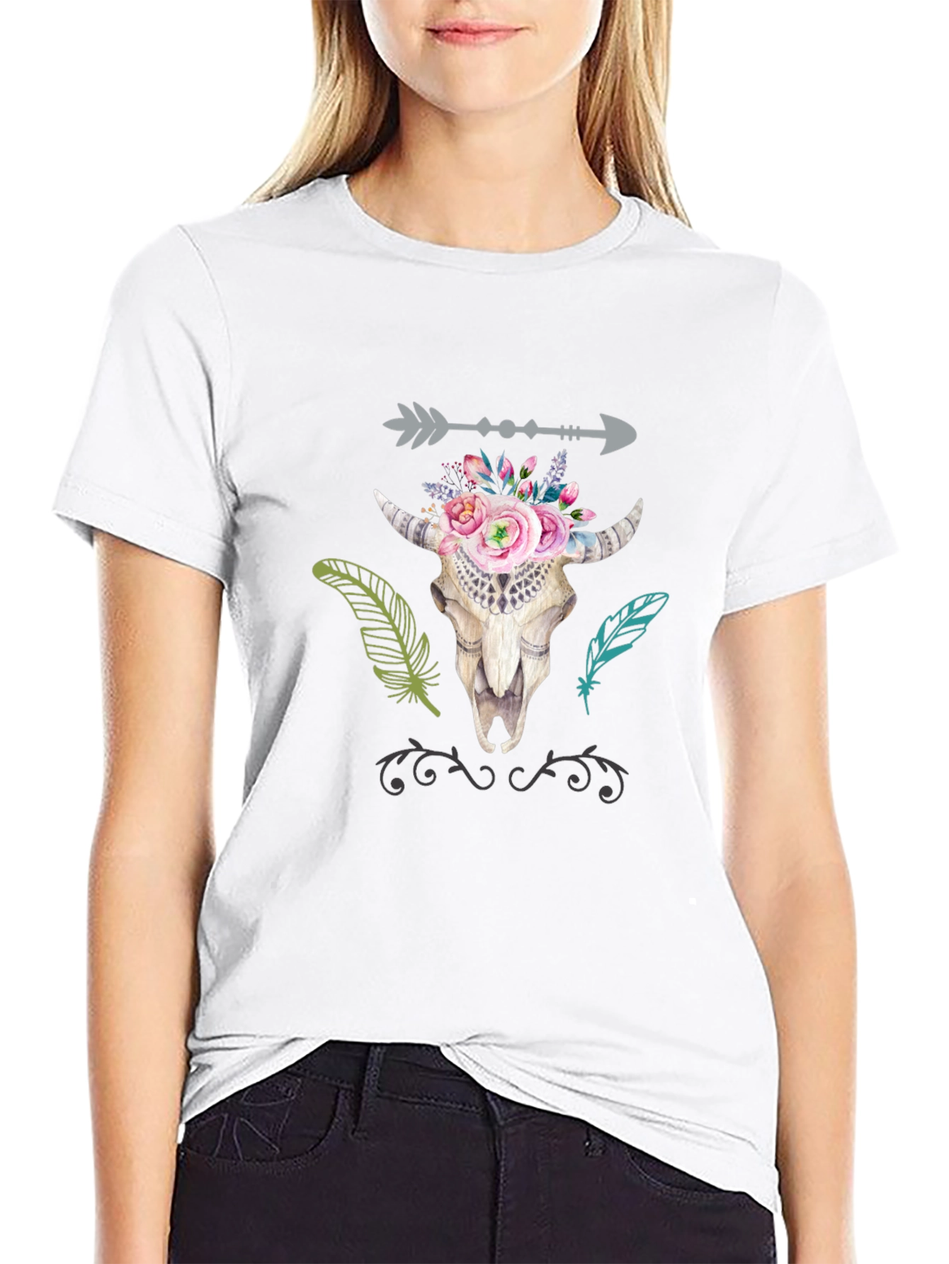 Boho Bull Skull Graphic T-Shirt