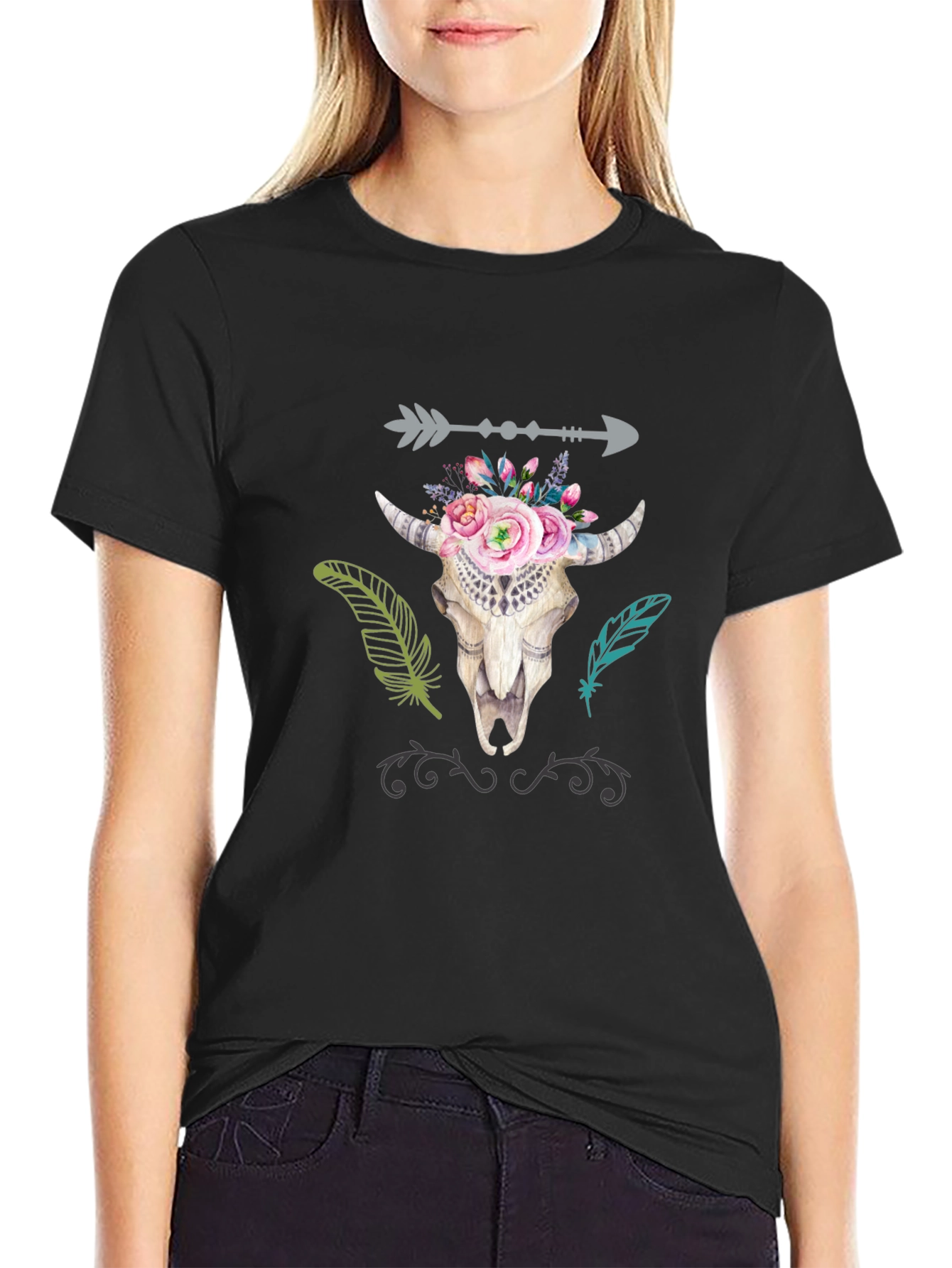 Boho Bull Skull Graphic T-Shirt