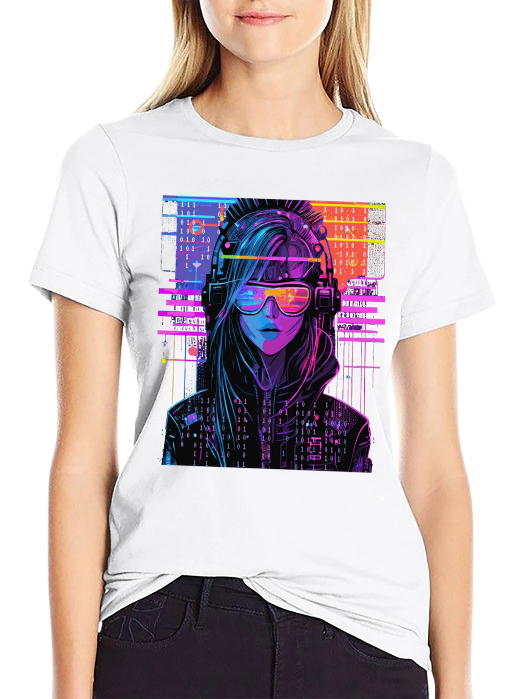Cyberpunk Girl T-Shirt - Binary Code Design