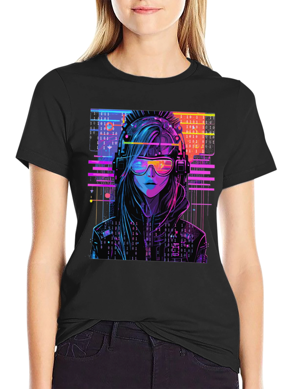 Cyberpunk Girl T-Shirt - Binary Code Design