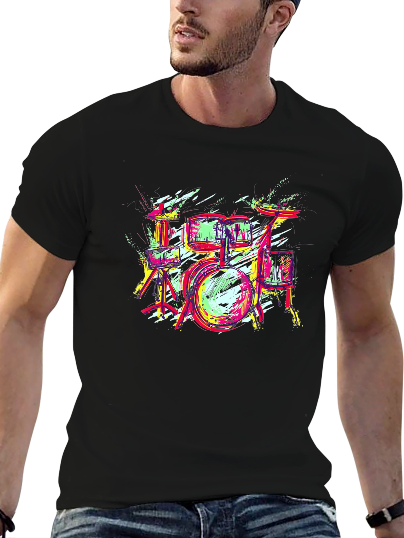 Vibrant Drum Set Graphic Tee - Black Cotton T-Shirt