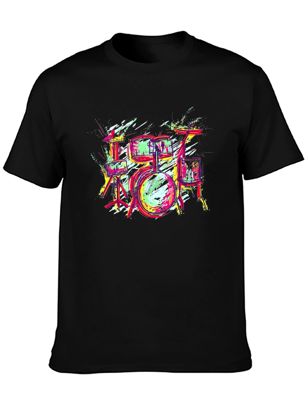 Vibrant Drum Set Graphic Tee - Black Cotton T-Shirt
