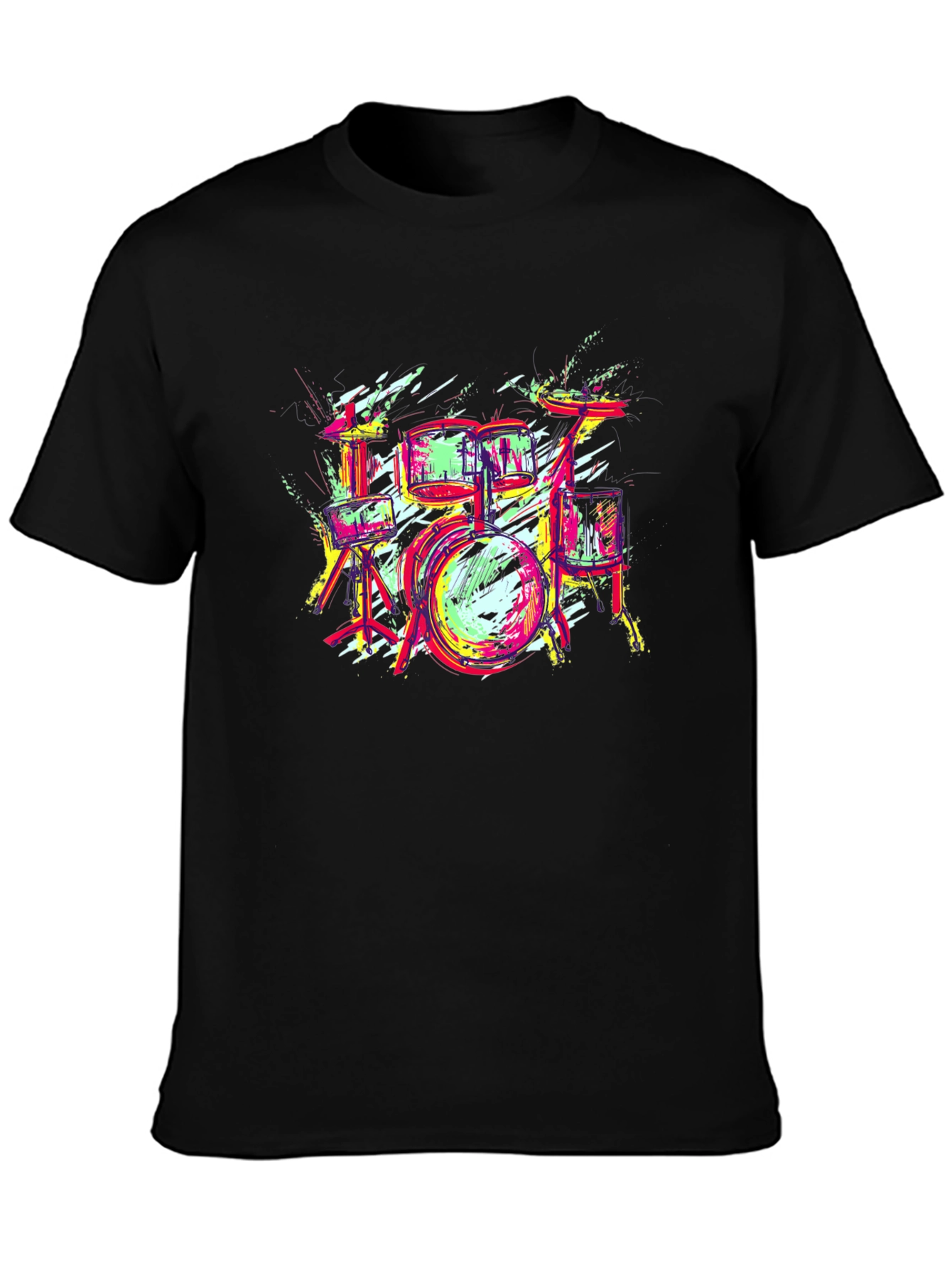 Vibrant Drum Set Graphic Tee - Black Cotton T-Shirt