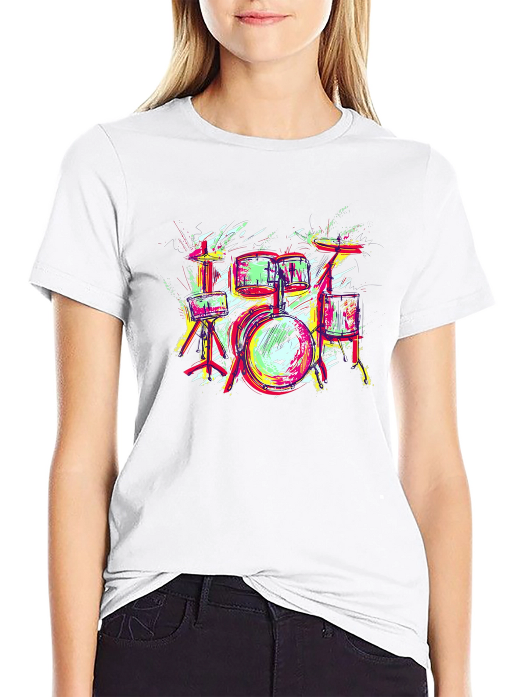Vibrant Drum Set Graphic Tee - Black Cotton T-Shirt