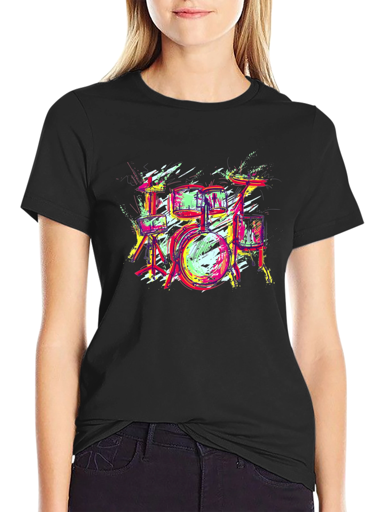 Vibrant Drum Set Graphic Tee - Black Cotton T-Shirt
