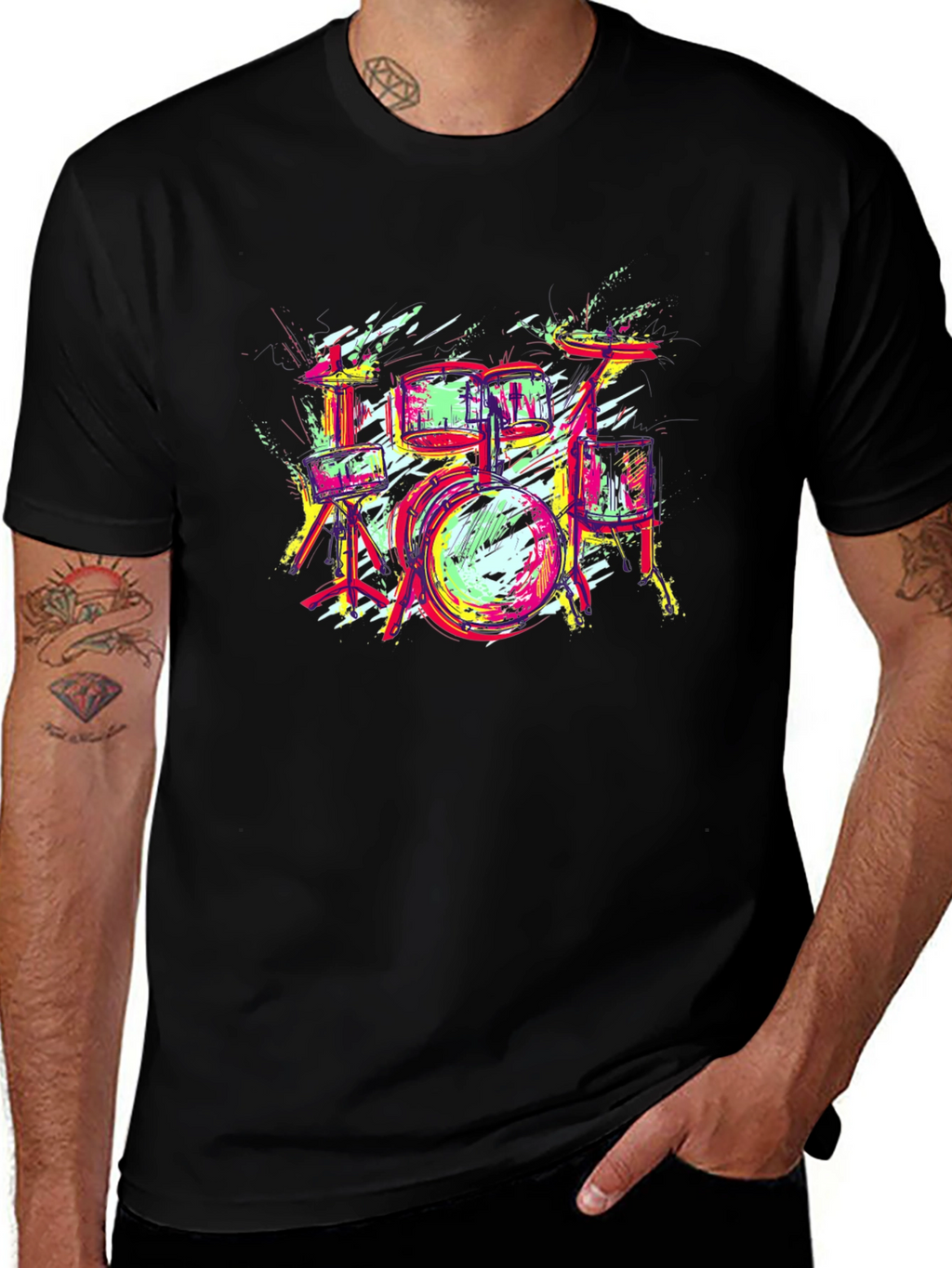 Vibrant Drum Set Graphic Tee - Black Cotton T-Shirt