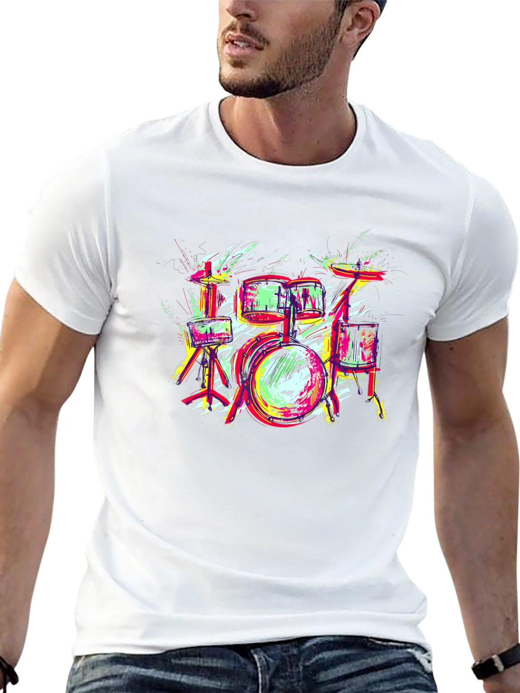 Vibrant Drum Set Graphic Tee - Black Cotton T-Shirt