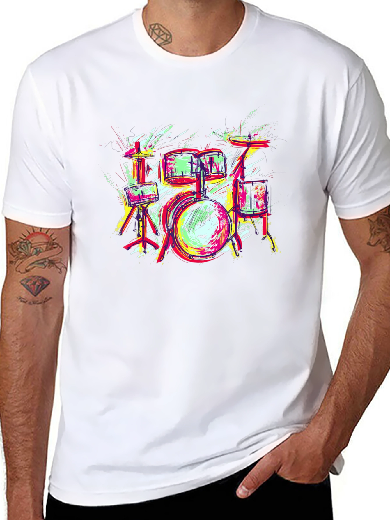 Vibrant Drum Set Graphic Tee - Black Cotton T-Shirt