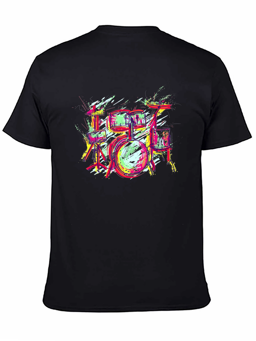 Vibrant Drum Set Graphic Tee - Black Cotton T-Shirt