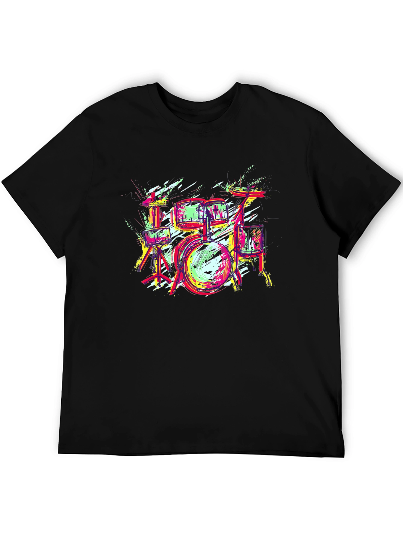 Vibrant Drum Set Graphic Tee - Black Cotton T-Shirt