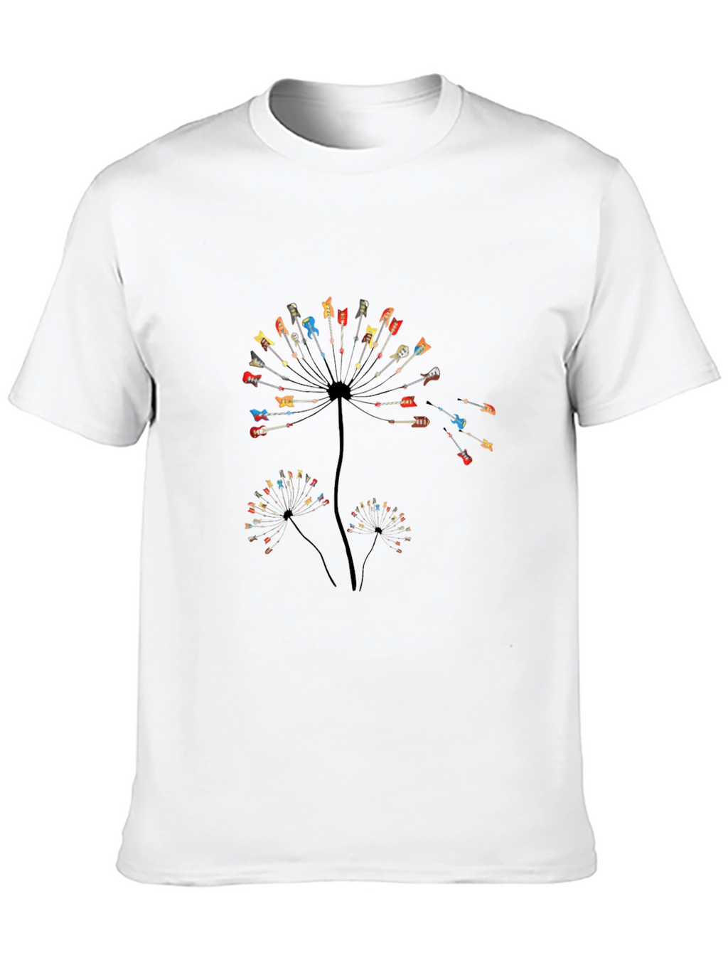 Guitar Dandelion Graphic Tee - Black Cotton Casual Shirt
