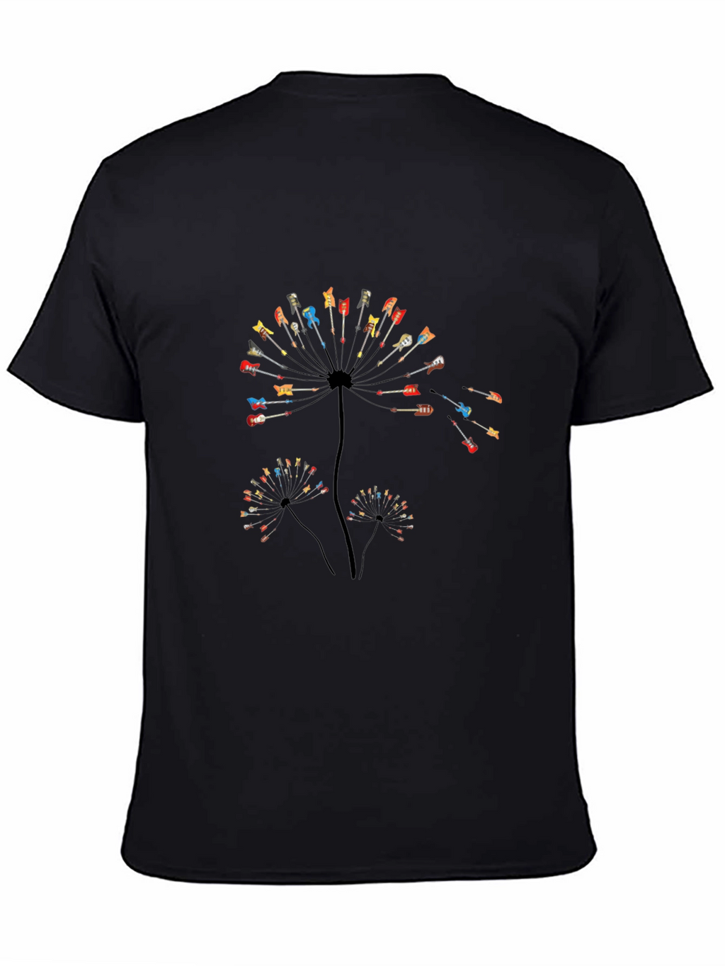 Guitar Dandelion Graphic Tee - Black Cotton Casual Shirt